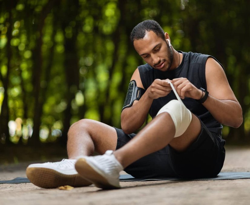 Woman stretching outdoors near a tree